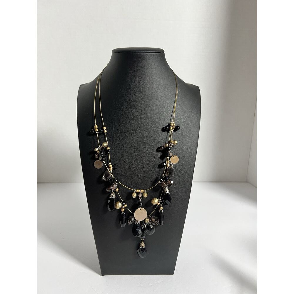 Vintage Black Gold Tone Y Beaded Teardrop Acrylic Multi Strand Necklace 18” L